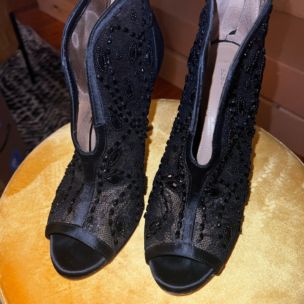 BCBGMaxAzria Black Beaded Peep-Toe Heels